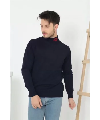 Unisex Yarım Boğazlı Baskılı Dokuma Triko - Lacivert