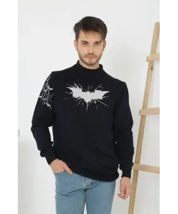 Unisex Yarım Boğazlı Baskılı Dokuma Triko - Siyah