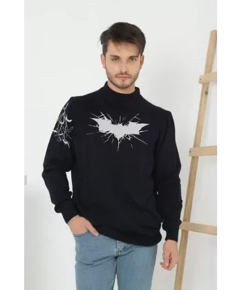 Unisex Yarım Boğazlı Baskılı Dokuma Triko - Siyah