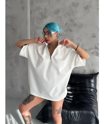 Unisex Yarım Fermuarlı Basic T-Shirt - Beyaz