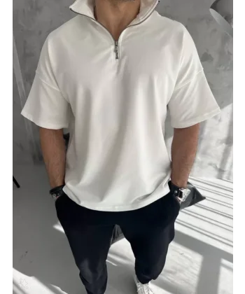 Unisex Yarım Fermuarlı Basic T-Shirt - Beyaz