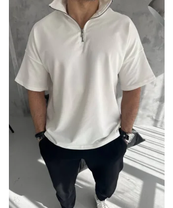 Unisex Yarım Fermuarlı Basic T-Shirt - Beyaz