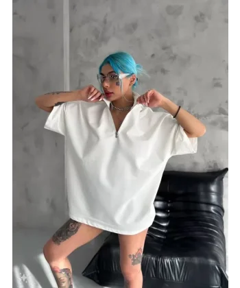 Unisex Yarım Fermuarlı Basic T-Shirt - Beyaz