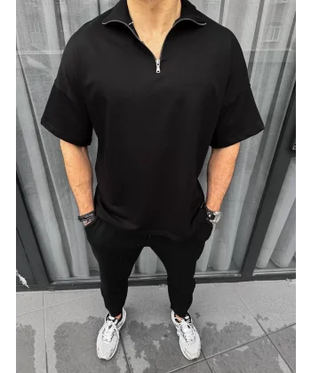 Unisex Yarım Fermuarlı Basic T-Shirt - Siyah