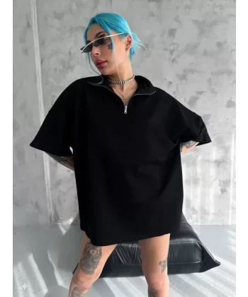 Unisex Yarım Fermuarlı Basic Thirt  iyah