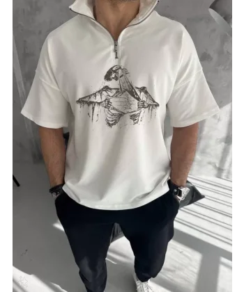Unisex Yarım Fermuarlı Baskılı Oversize T-Shirt - Beyaz