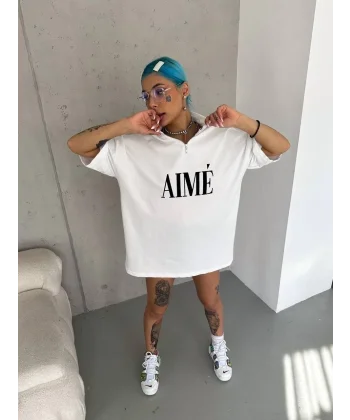 Unisex Yarım Fermuarlı Baskılı T-Shirt - Beyaz