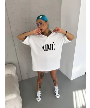 Unisex Yarım Fermuarlı Baskılı T-Shirt - Beyaz