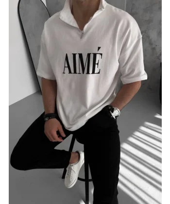 Unisex Yarım Fermuarlı Baskılı T-Shirt - Beyaz