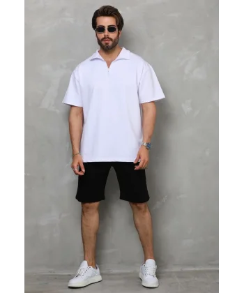 Unisex Yarım Fermuarlı Düz Oversize T-shirt - Beyaz