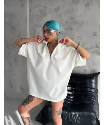 Unisex Yarım Fermuarlı Düz Oversize T-Shirt - Beyaz