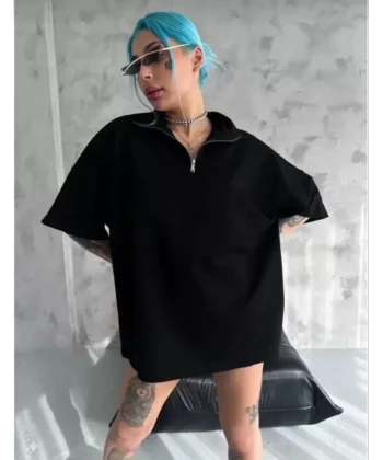 Unisex Yarım Fermuarlı Düz Oversize Thirt  iyah