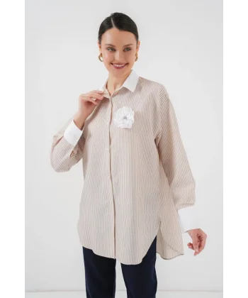 Uzun Çizgili Gömlek 5962 - Bej