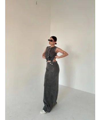 Uzun Etekli Önü Düğmeli Badi İkili Takım Antrasit