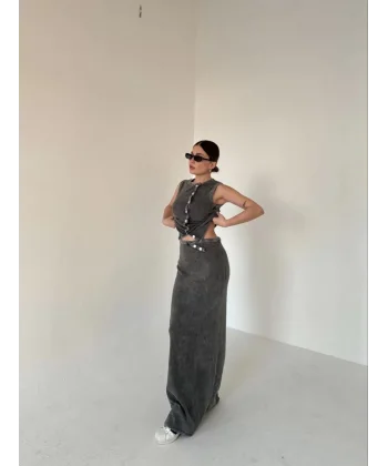 Uzun Etekli Önü Düğmeli Badi İkili Takım- Antrasit