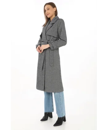 Uzun Kaşe Kaban – Balık Sırtı Dokuma Kaşmir Kumaş, Kruvaze Yaka, Kuşaklı Cepli Model, Oversize Rahat Kalıp - Boyalı Gri