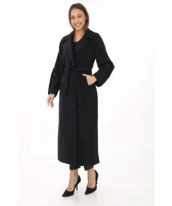 Uzun Kaşe Kaban – Yünlü Dokuma Kaşmir Kumaş, Kruvaze Yaka, Kuşaklı Astarlı Tesettür Uyumlu Şık Kışlık Siyah Model - Siyah