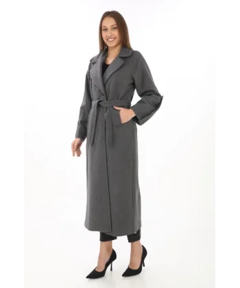 Uzun Kaşe Kaban – Yünlü Dokuma Kaşmir Kumaş, Kruvaze Yaka, Kuşaklı Astarlı Tesettür Uyumlu Şık Kışlık Siyah Model - Füme