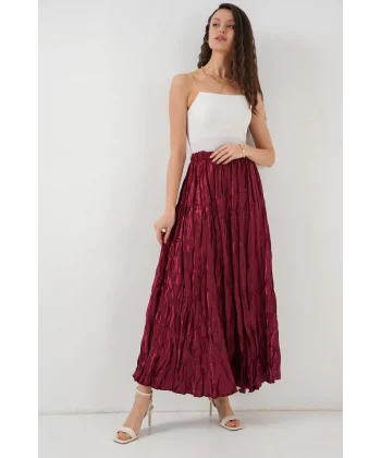 Uzun Kırışık Etek 8034  Bordo