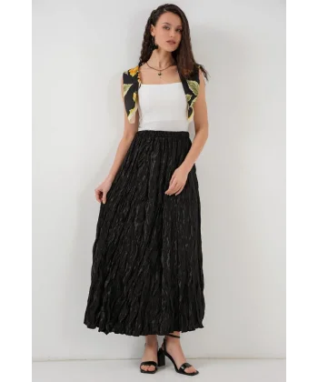 Uzun Kırışık Etek 8034 - Siyah