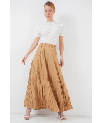 Uzun Kırışık Etek 8042 - Bisküvi