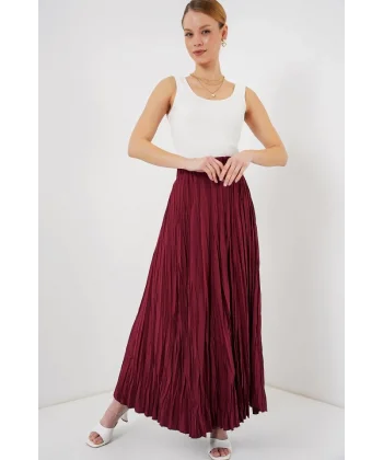 Uzun Kırışık Etek 8042 - Bordo
