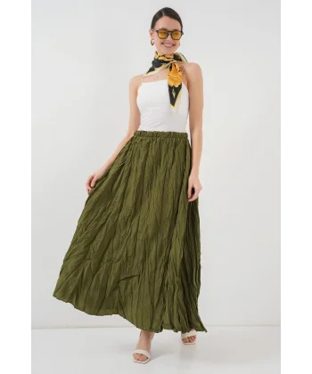 Uzun Kırışık Etek 8042 - Haki