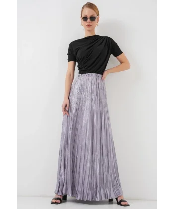 Uzun Kırışık Parlak Etek 8034 - Gri