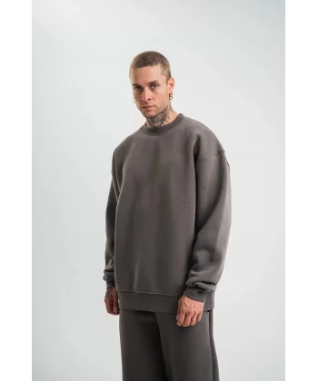 Uzun Kol Bisiklet Yaka Basic SweatShirt - Füme