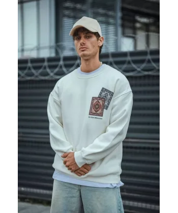 Uzun Kol Bisiklet Yaka Baskılı SweatShirt - Beyaz