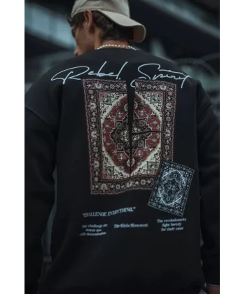 Uzun Kol Bisiklet Yaka Baskılı SweatShirt - Siyah