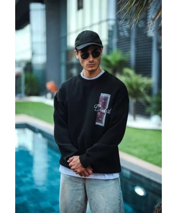 Uzun Kol Bisiklet Yaka Ön ve Arka Baskılı SweatShirt - Siyah