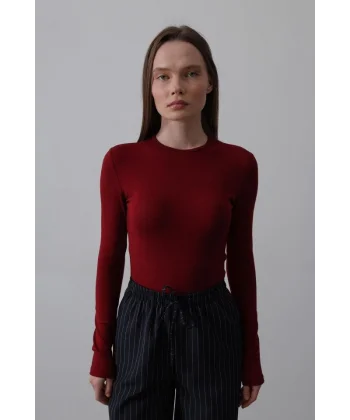Uzun Kol Crop Top - Bordo