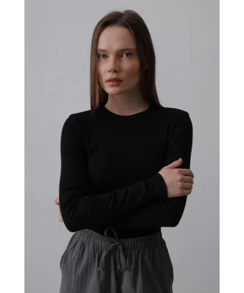 Uzun Kol Crop Top - Siyah