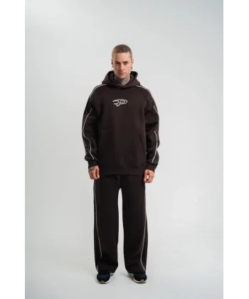 Uzun Kol Kapşonlu Ara Biyeli Baggy Eşofman Takım - Kahve