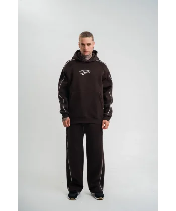 Uzun Kol Kapşonlu Ara Biyeli Baggy Eşofman Takım - Kahve