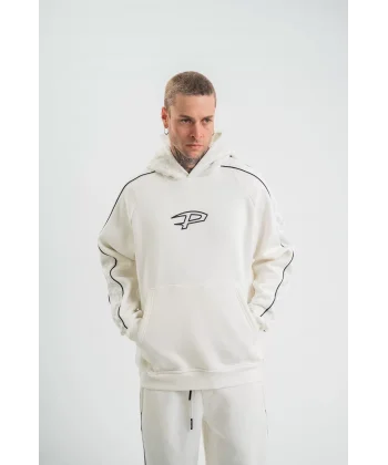 Uzun Kol Kapşonlu Ara Biyeli SweatShirt - Beyaz