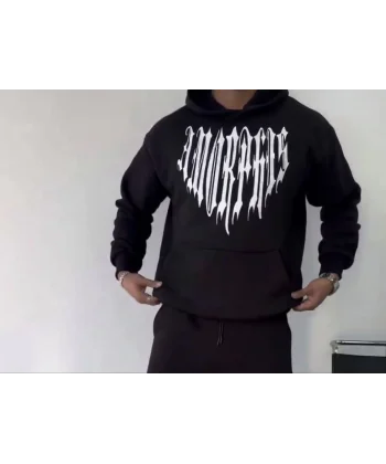 Uzun Kol Kapşonlu Baskılı SweatShirt - Siyah