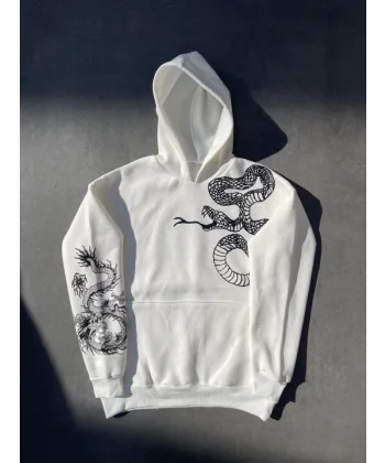 Uzun Kol Kapşonlu Baskılı weathirt  Beyaz