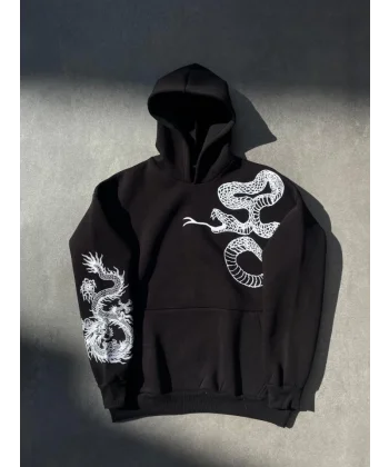 Uzun Kol Kapşonlu Baskılı weathirt  iyah