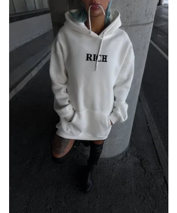 Uzun Kol Kapşonlu Göğüs Baskılı weathirt  Beyaz