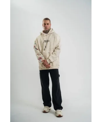 Uzun Kol Kapşonlu Yıkamalı Baskılı SweatShirt - Krem