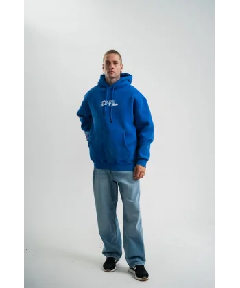 Uzun Kol Kapşonlu Yıkamalı Baskılı SweatShirt - Mavi