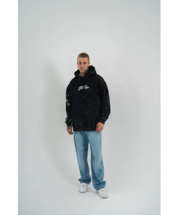 Uzun Kol Kapşonlu Yıkamalı Baskılı SweatShirt - Siyah