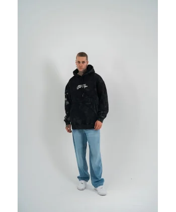 Uzun Kol Kapşonlu Yıkamalı Baskılı SweatShirt - Siyah