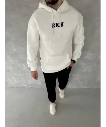 Uzun Kol Kapüşonlu Göğüs Baskılı SweatShirt - Beyaz