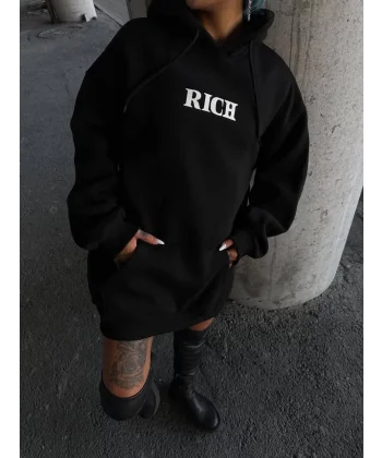 Uzun Kol Kapüşonlu Göğüs Baskılı SweatShirt - Siyah