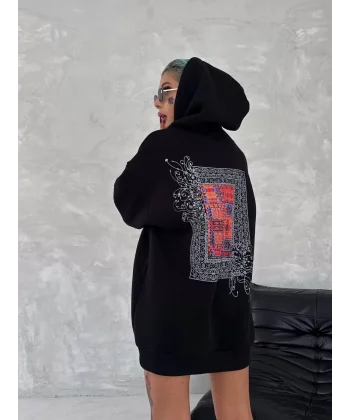 Uzun Kol Kapüşonlu Ön Ve Arka Baskılı SweatShirt - Siyah