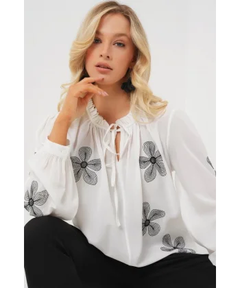 Uzun Kol Nakışlı Örme Bluz 951 - Beyaz