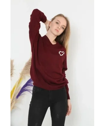 Uzun Kol V Yaka Baskılı Dokuma Triko - Bordo
